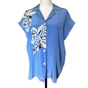 Claus 100% Silk Vintage Hawaii Shirt  Floral Botanical Womens Blue sz 12 VTG EUC